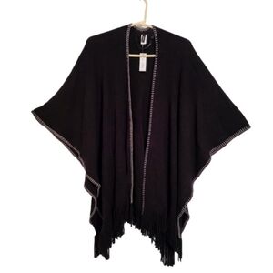 Apt. 9 Black w Gray Embroidered Trim Fringed Open Shawl Sweater